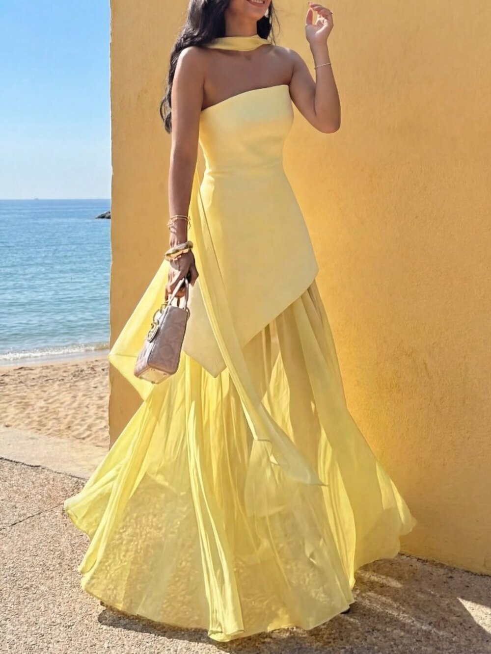 Yellow Casual Women's  Elegant Asymmetric Dress